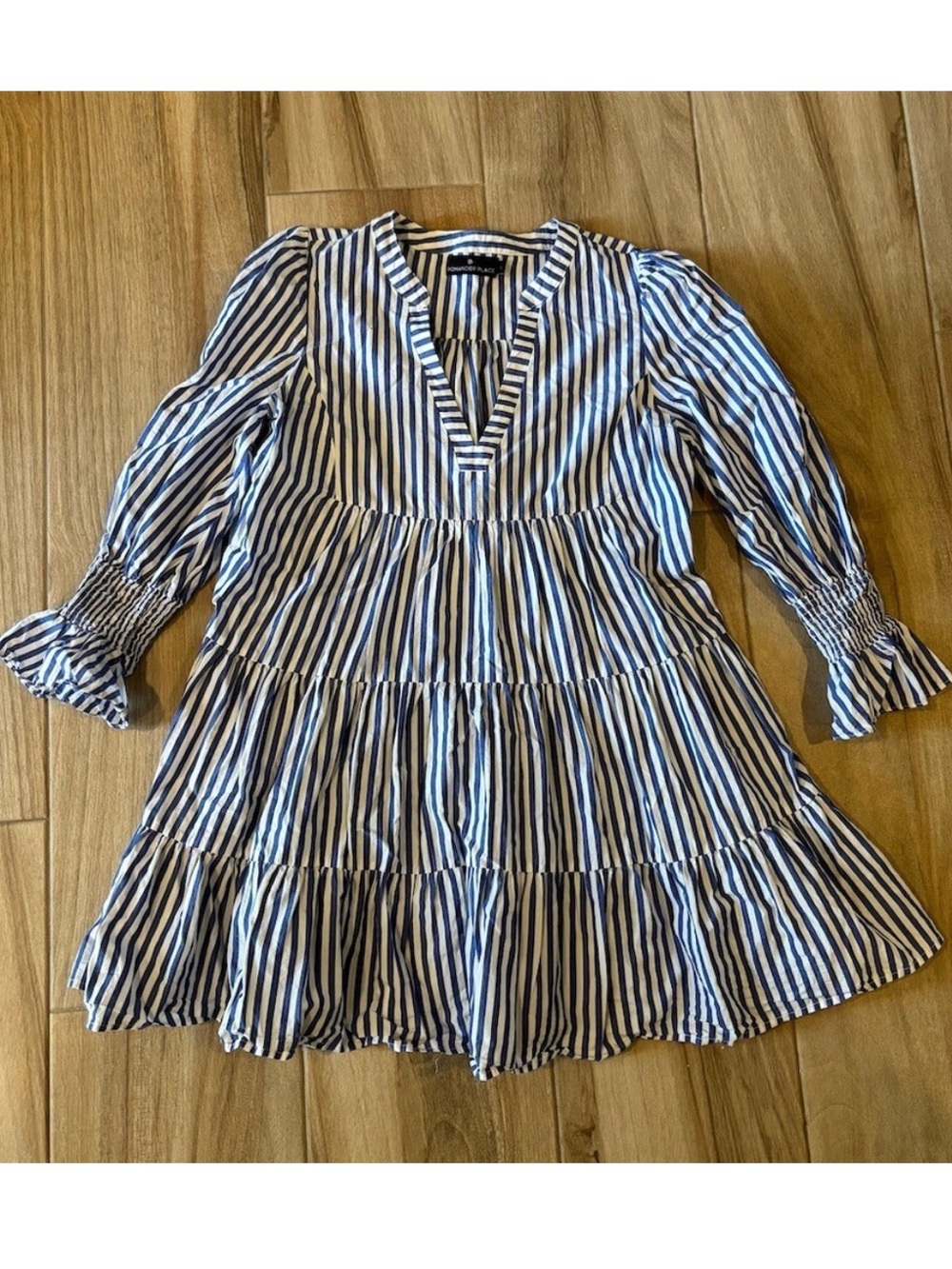 Pomander Place Dress Womens L Blue White Striped Tiered Popover V-Neck